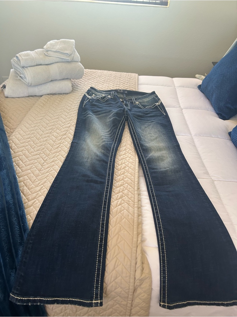 Miss Me Dark Blue Boot Cut Jeans with White Contrast Stitching